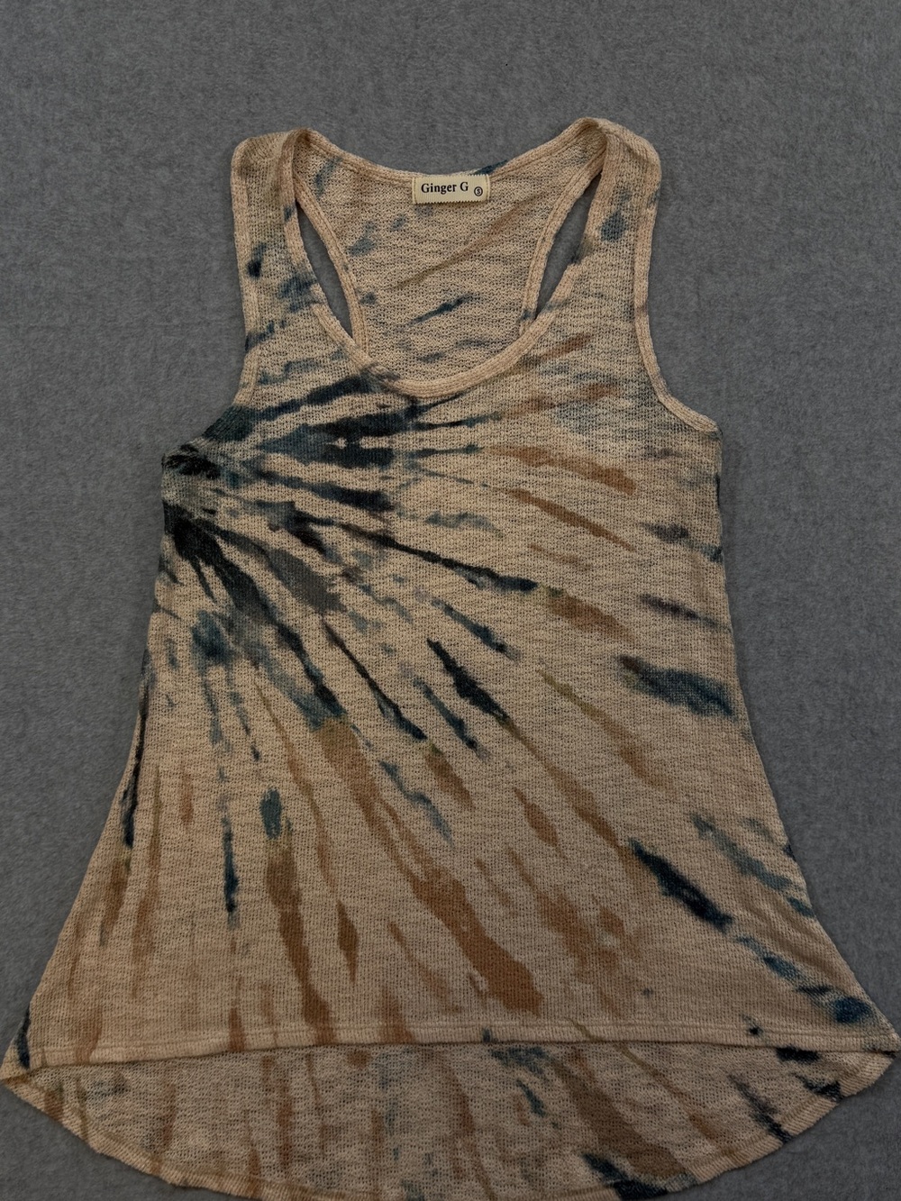 Ginger G Beige Blue Brown Tie Dye Racerback Scoop Neck Tank Top Size S